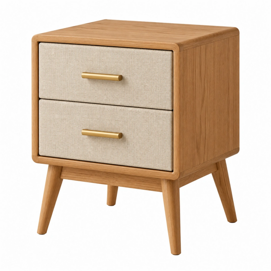 Comodino 50 x 40 x 60 cm in legno naturale e tessuto beige con 2 cassetti stile moderno