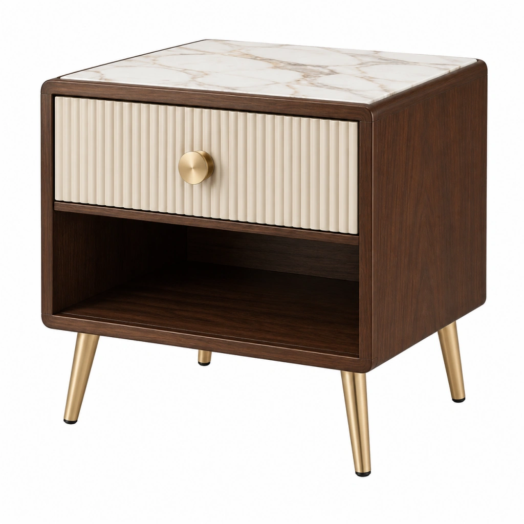 Comodino 50 x 40 x 60 cm in legno marrone con piano effetto marmo - moderno con cassetto