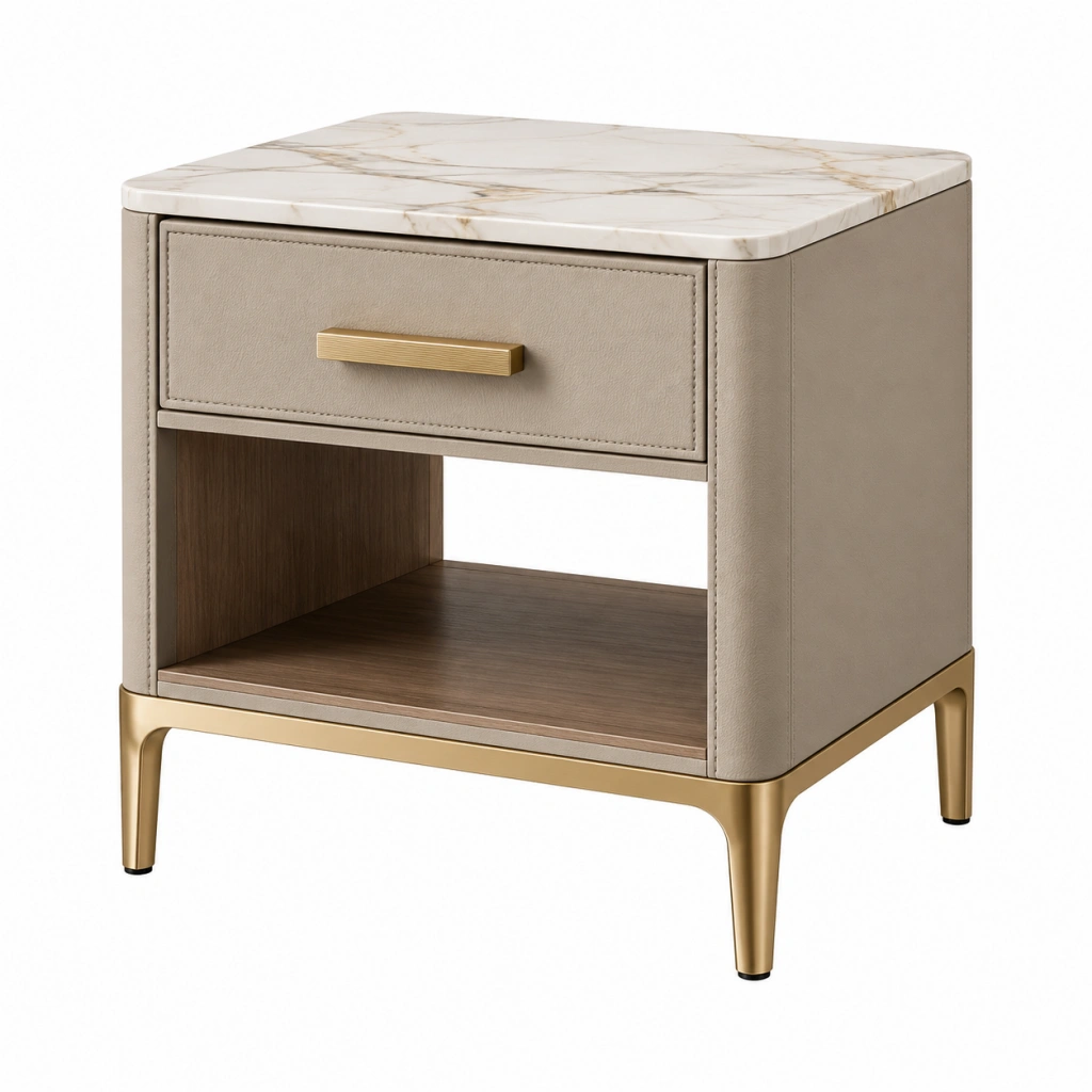 Comodino 50 x 45 x 55 cm in similpelle beige con piano effetto marmo e cassetto