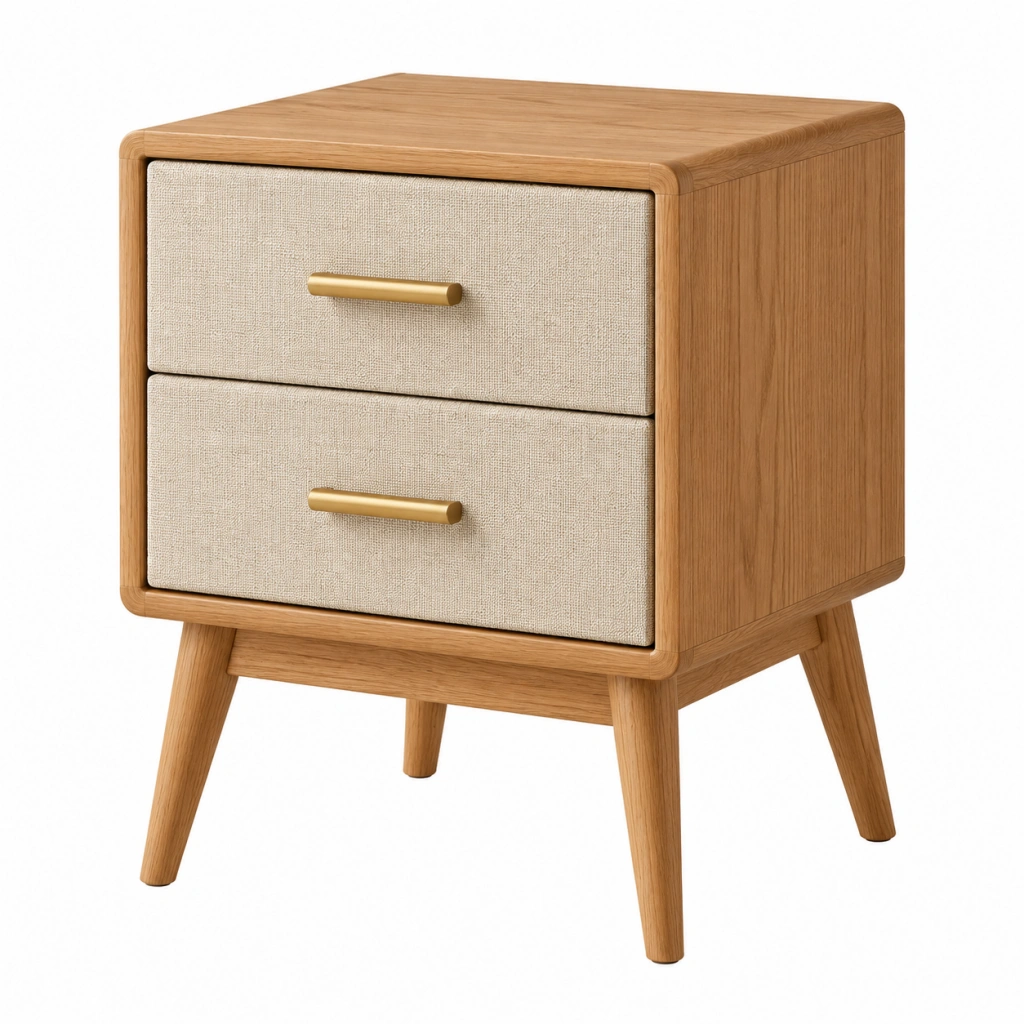 Comodino 50 x 40 x 60 cm in legno naturale e tessuto beige con 2 cassetti stile moderno