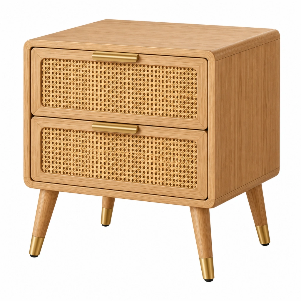 Comodino 50 x 40 x 60 cm in legno naturale e rattan a 2 cassetti stile retrò