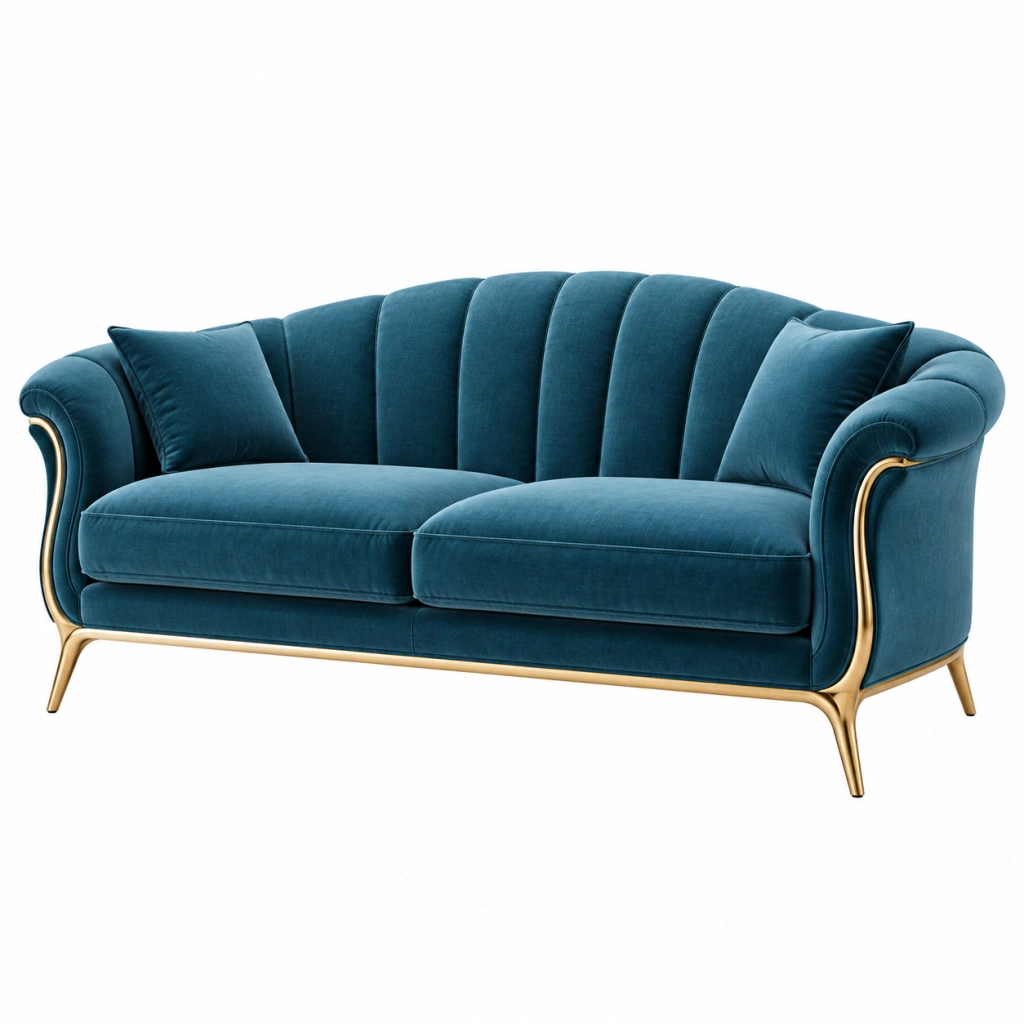 Divano 2 posti 180 x 85 x 80 cm in velluto blu petrolio con gambe dorate stile classico