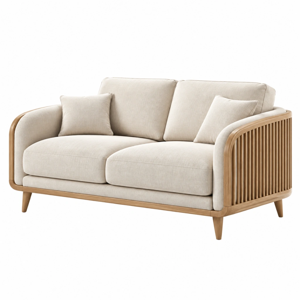 Divano 2 posti 160 cm in tessuto beige con struttura in legno stile nordico