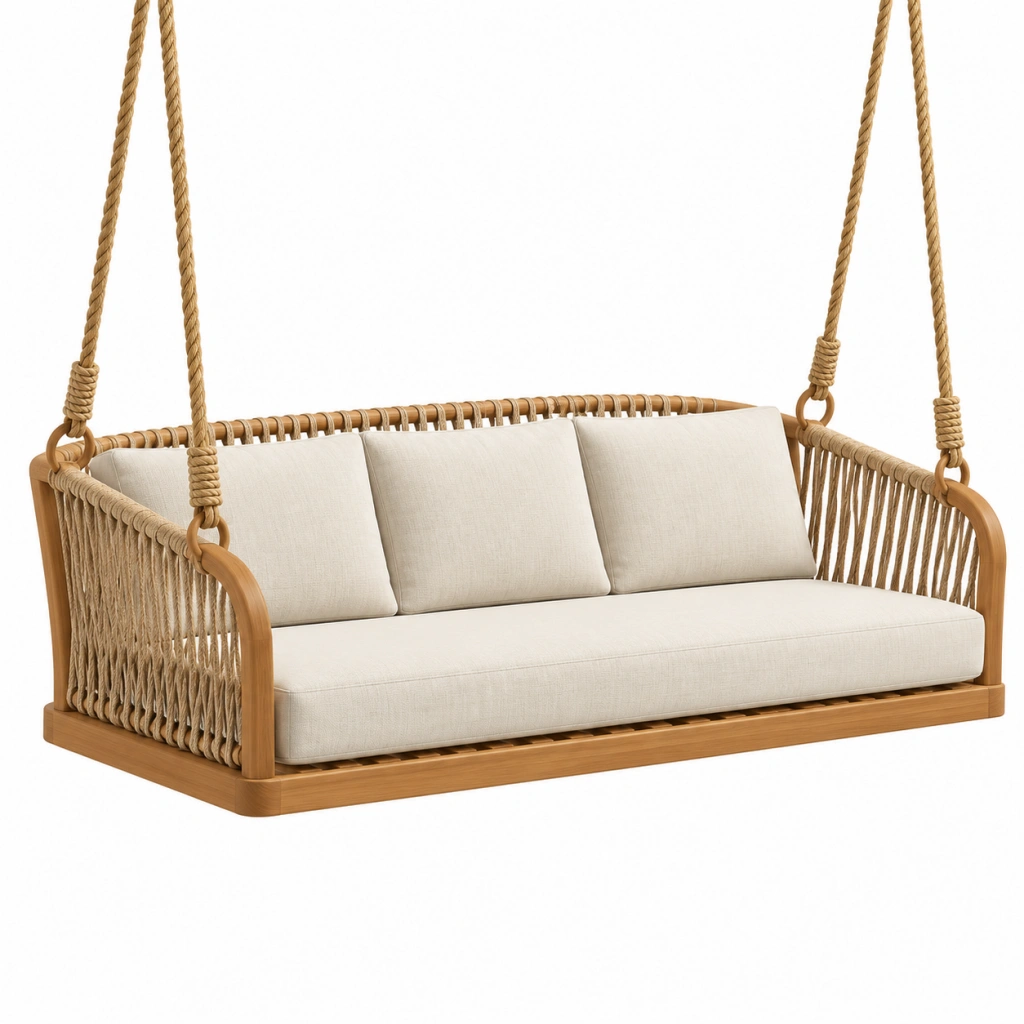 Divano a dondolo sospeso 180 x 85 x 190 cm in legno e corda beige per esterno - stile naturale