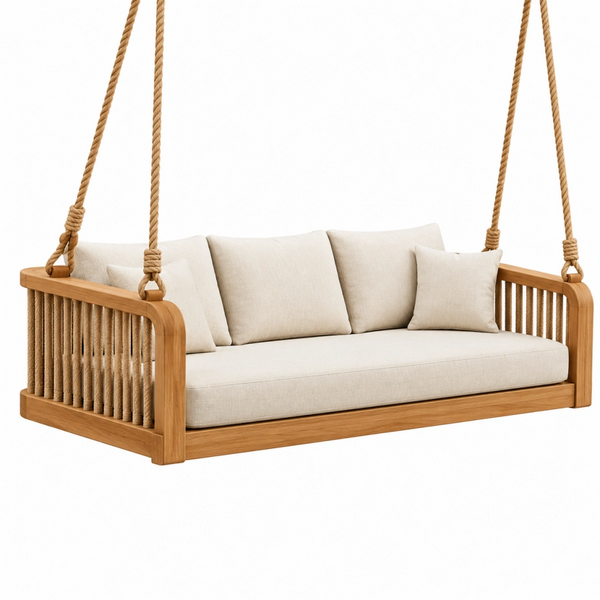 Divano sospeso 180 x 80 x 70 cm in legno e corda beige per esterno stile naturale