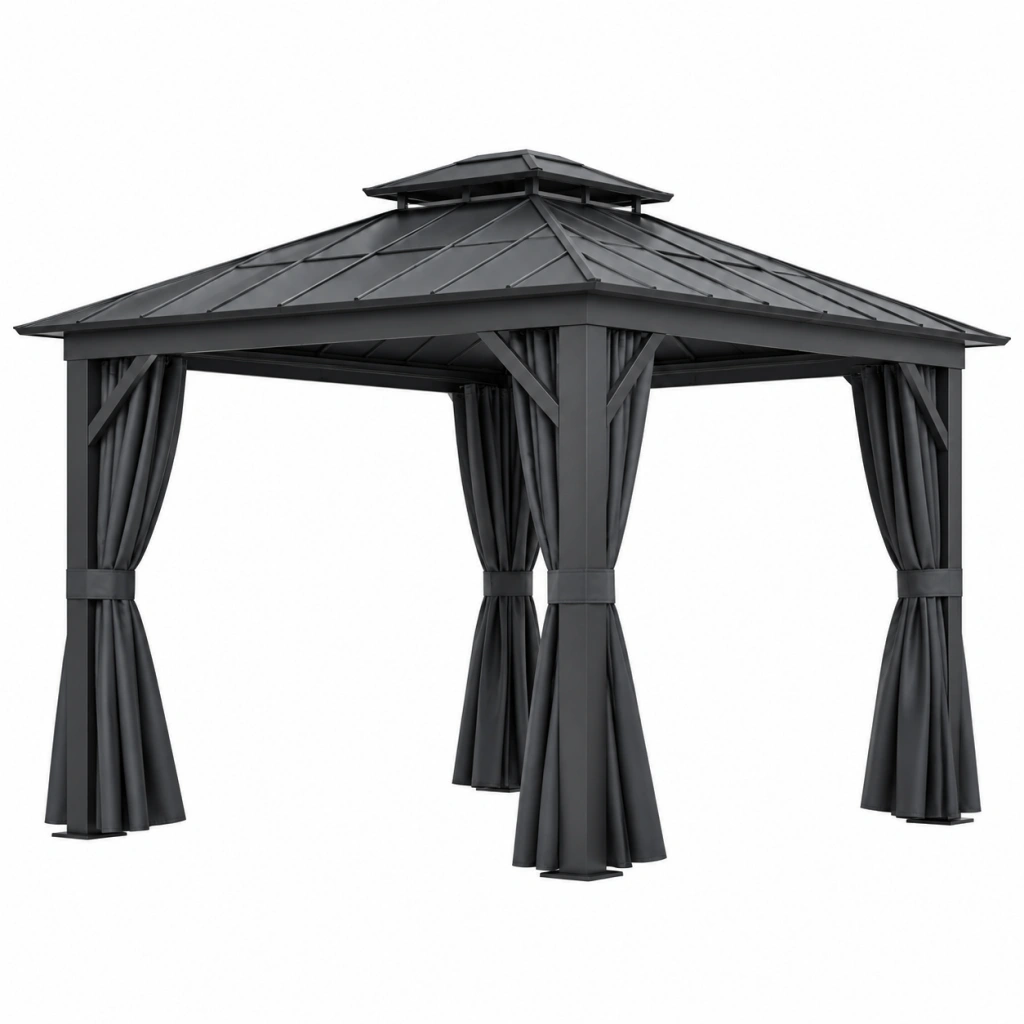 Gazebo da giardino 300 x 300 x 300 cm in metallo grigio scuro con tende laterali