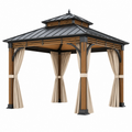 Gazebo da giardino 300 x 300 cm in metallo nero e legno con tende - tetto a padiglione