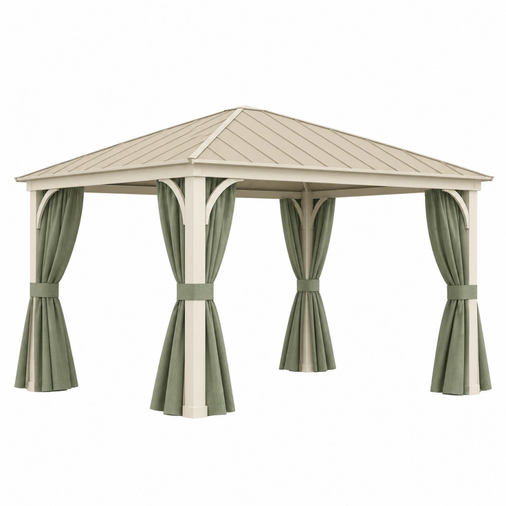 Gazebo da giardino 300 x 300 x 270 cm in metallo beige con tende verdi stile classico