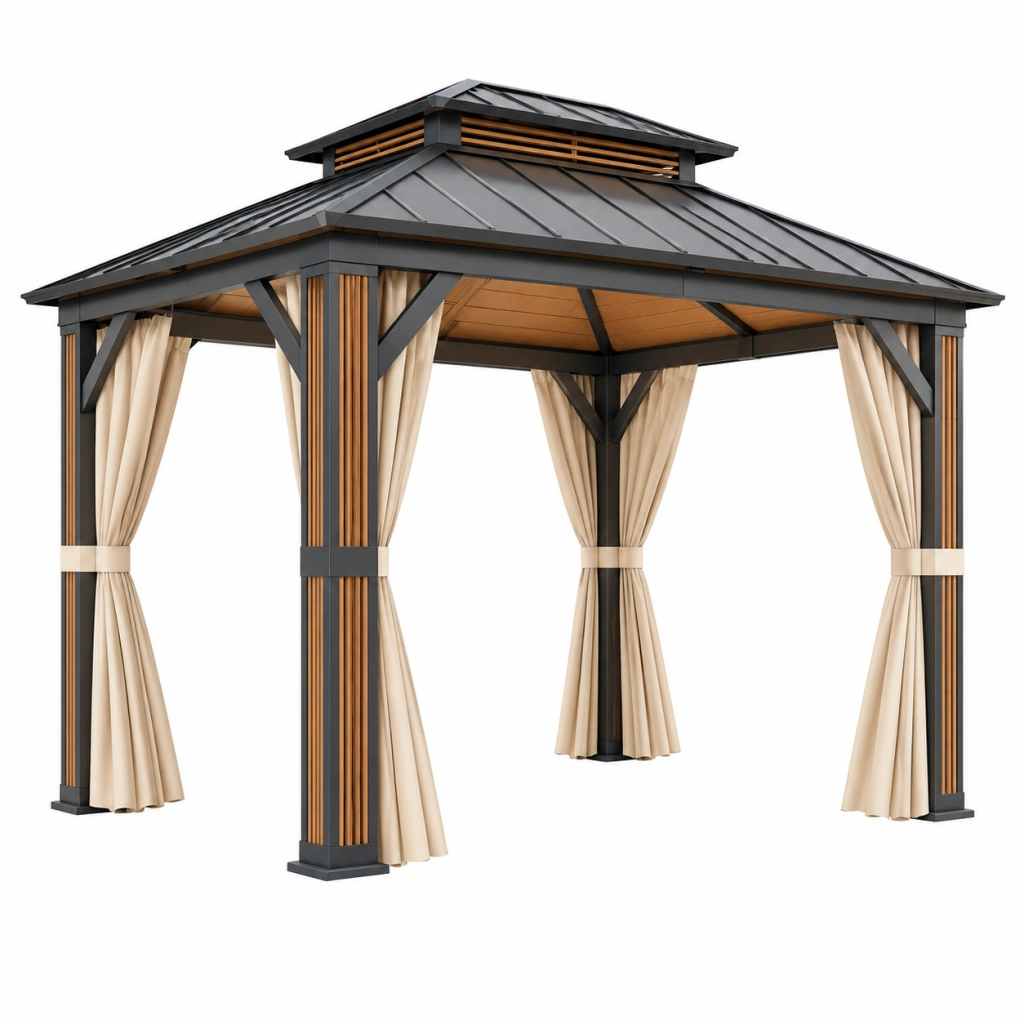 Gazebo da giardino 300 x 300 x 300 cm in metallo nero con tende beige - copertura a padiglione