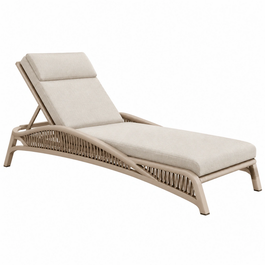 Lettino prendisole 200 x 70 cm in alluminio beige con corda intrecciata e schienale reclinabile