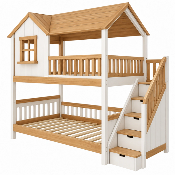 Letto a castello 90 x 200 cm in legno bianco/naturale con scala e struttura a casetta