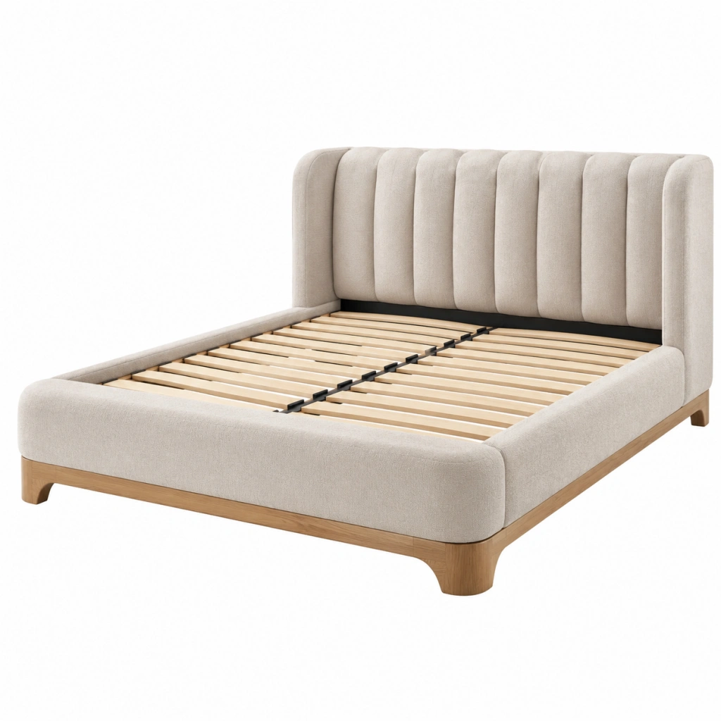 Letto matrimoniale 160 x 200 cm in tessuto beige e legno con testiera imbottita moderna