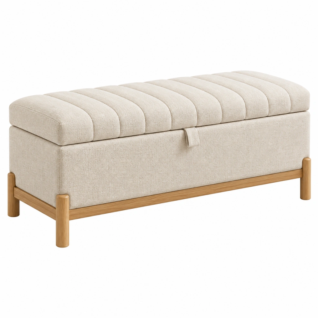 Panca contenitore 110 x 45 x 50 cm in tessuto crema e legno stile moderno