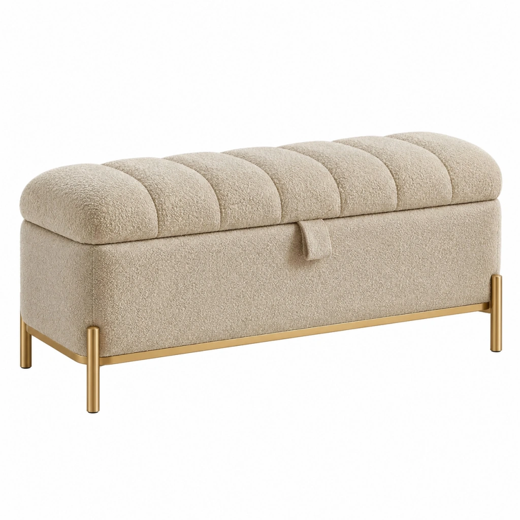 Panca contenitore 120 cm in tessuto bouclé beige con struttura in metallo dorato - stile moderno