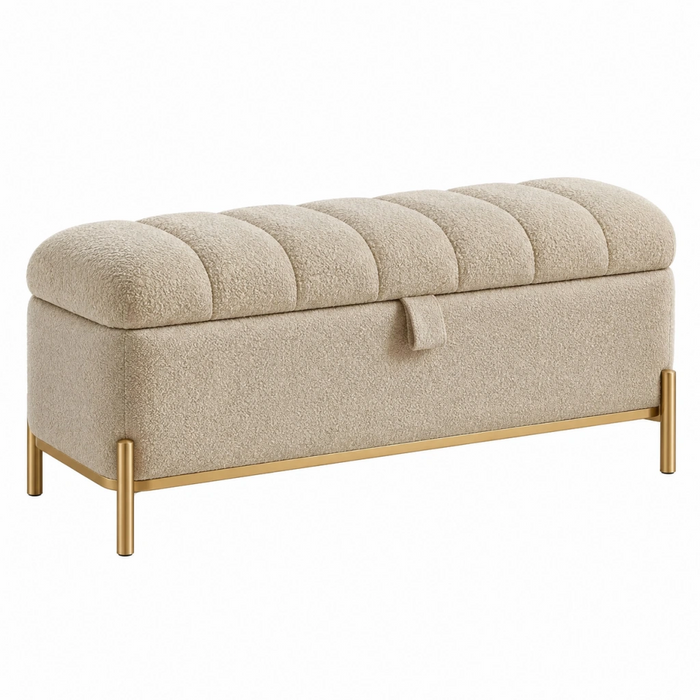 Panca contenitore 120 cm in tessuto bouclé beige con struttura in metallo dorato - stile moderno