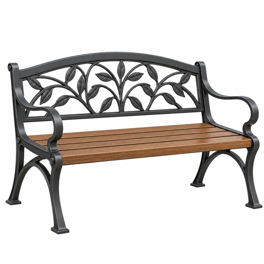 Panca da giardino 125 cm in metallo e legno marrone nero con schienale decorativo