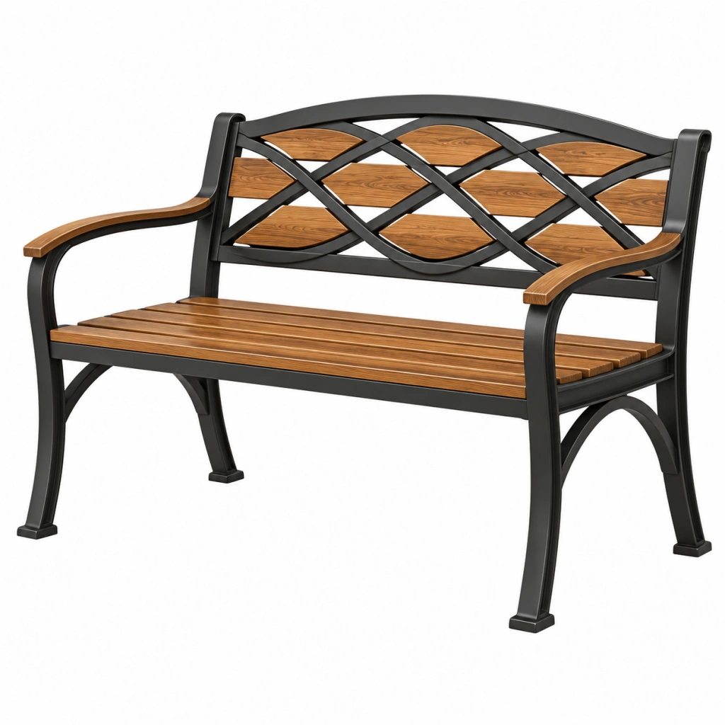 Panca da giardino 125 x 60 x 85 cm in metallo e legno nero marrone con schienale intrecciato