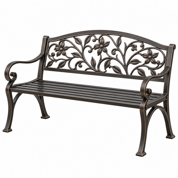 Panca da giardino 122 cm in ferro bronzo con schienale floreale classico